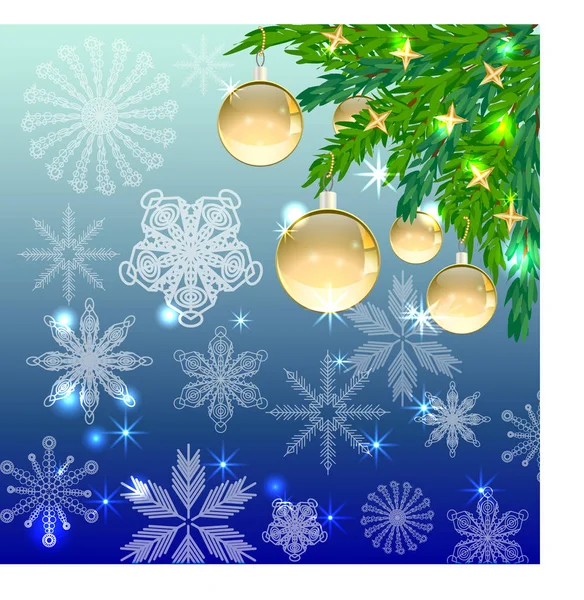 En fyrkantig blå jul bakgrund med snöflingor, barrträd grenar, dekorerad med gyllene bollar, stjärnor. — Stock vektor