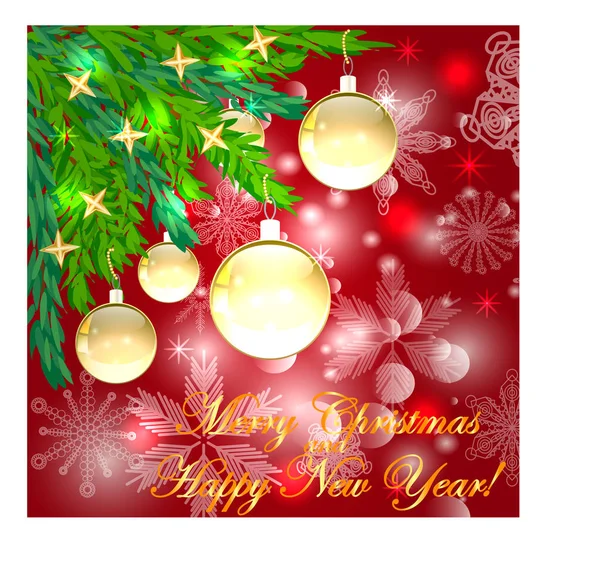 雪の結晶、ゴールデン ボールで飾られた針葉樹の枝の正方形、赤クリスマス背景の星します。メリー クリスマスと幸せな新年の碑文 — ストックベクタ