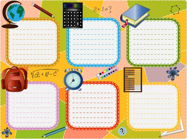 Horaire scolaire pendant six jours avec fournitures scolaires sur un fond multicolore — Image vectorielle