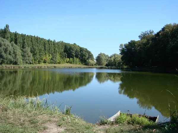 Uma vista das tarifas em um dia bem claro, o reflexo das árvores na água, o campo. Ucrânia, região de Poltava, lagos Gorbanovskie — Fotografia de Stock