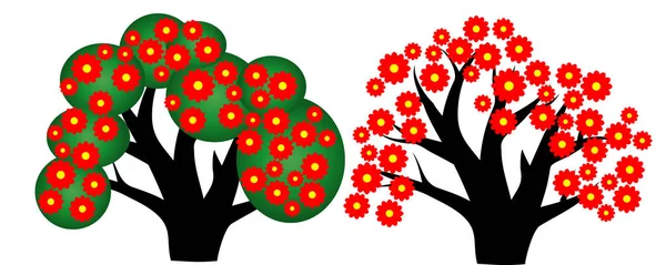 Δύο δέντρα με τα κόκκινα-κίτρινα λουλούδια, φύλλα — Διανυσματικό Αρχείο