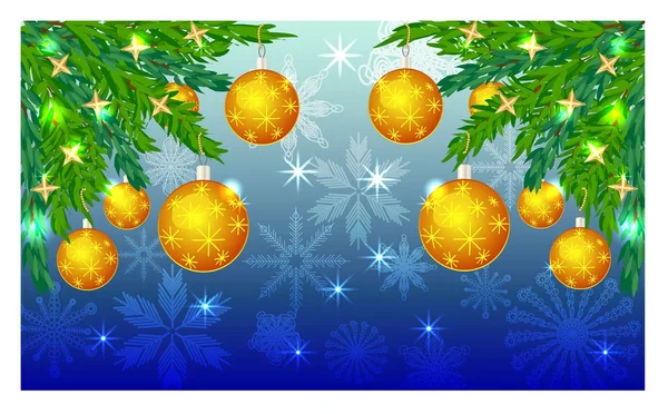 Ορθογώνια μπλε χριστουγεννιάτικο φόντο με νιφάδες χιονιού, κωνοφόρων κλαδιά, διακοσμημένο με κίτρινες μπάλες, αστέρια. — Διανυσματικό Αρχείο