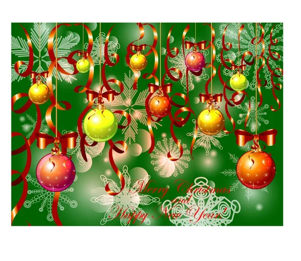 Зелений різдвяний фон зі снігом, сніжинками, яскравими різнокольоровими підвісними кульками, прикрашеними червоними бантами та змією — стоковий вектор