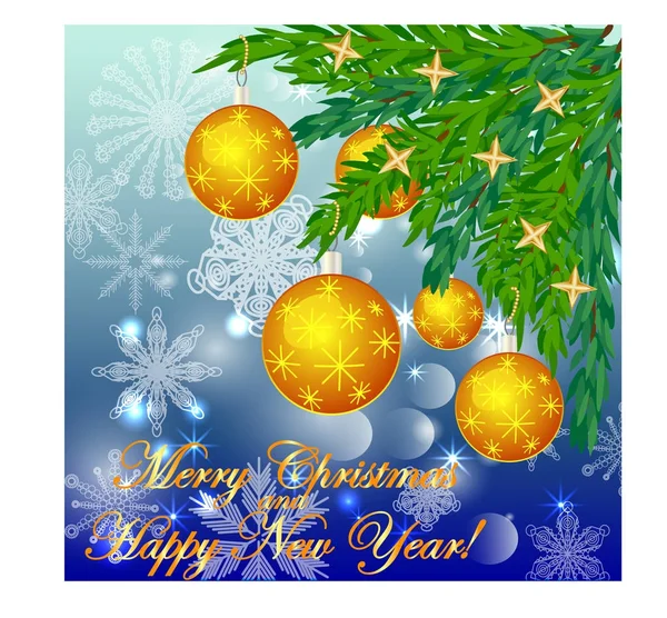 Un fondo cuadrado de navidad azul con copos de nieve, ramas de coníferas, decoradas con bolas amarillas, estrellas. La inscripción Feliz Navidad y un Feliz Año Nuevo — Vector de stock