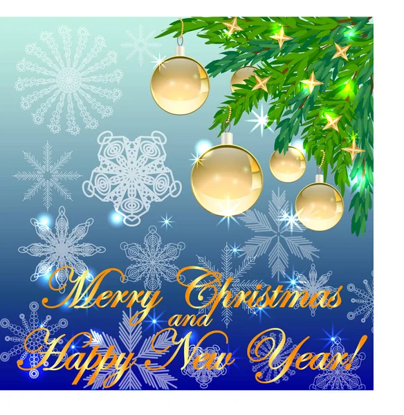 Un fondo cuadrado azul navidad con copos de nieve, ramas de coníferas, decoradas con bolas de oro, estrellas. La inscripción de Feliz Navidad y un Feliz Año Nuevo — Vector de stock