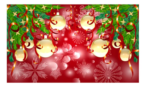 Fondo rectangular rojo navidad con copos de nieve, ramas de coníferas en las esquinas, decorado con bolas de oro, estrellas, cintas — Vector de stock