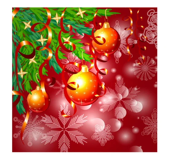 Un fondo cuadrado rojo de Navidad con copos de nieve, ramas de coníferas, decoradas con bolas rojas, estrellas, cintas . — Vector de stock