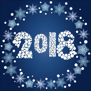 Mavi bir arka plan üzerinde kar taneleri yuvarlak bir çerçeve içinde yazıt 2018 blizzard