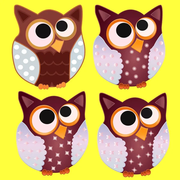 Four Brown Owl with blue wings in specks and stars and eyes centered on the center — Stock Vector
