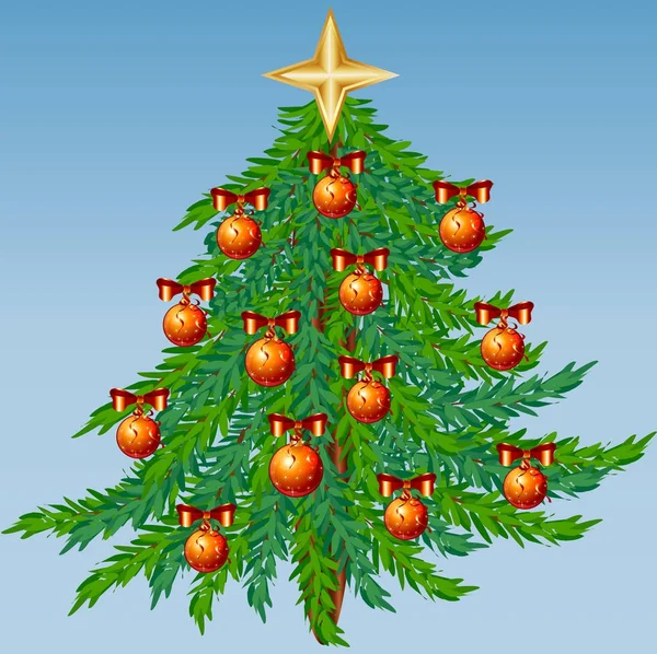 Weihnachtsgrüner Baum mit roten Kugeln, Schleifen, Stern auf blauem Hintergrund — Stockvektor