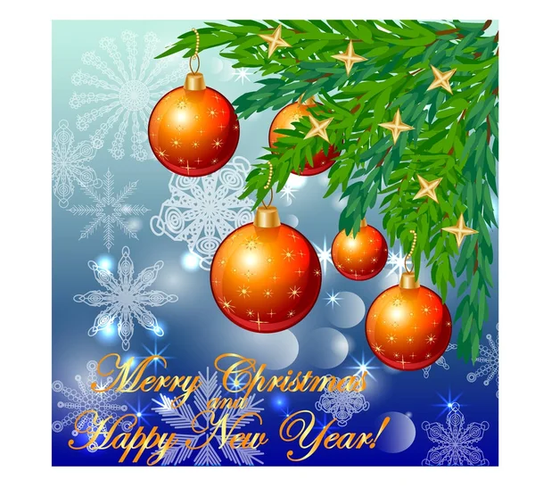 Un fondo cuadrado azul navidad con copos de nieve, ramas de coníferas, decoradas con bolas rojas, estrellas. La inscripción Feliz Navidad y un Feliz Año Nuevo — Vector de stock