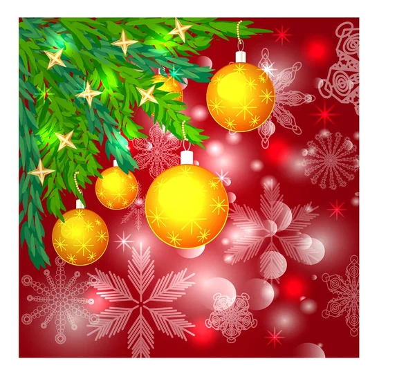 黄色のボール、星で飾られた雪片、針葉樹の枝で正方形の青いクリスマス背景. — ストックベクタ