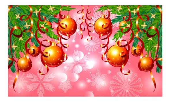 赤のボール、星、リボンで飾られた雪片、針葉樹の枝との長方形のピンクのクリスマス背景. — ストックベクタ