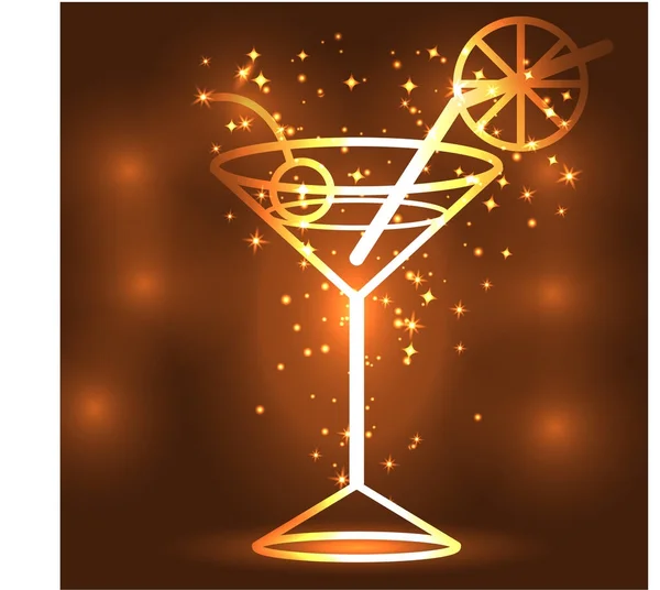 Gouden schets van een glas met een cocktail op een bruine achtergrond, disco, club, neon gloed — Stockvector