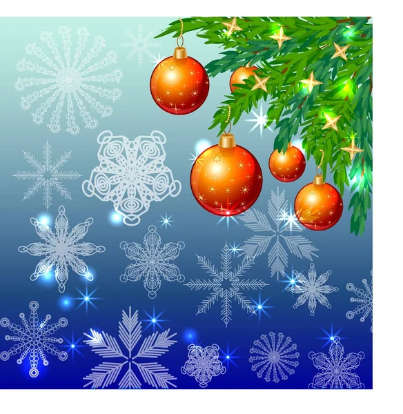 赤のボール、星で飾られた雪片、針葉樹の枝で正方形の青いクリスマス背景. — ストックベクタ