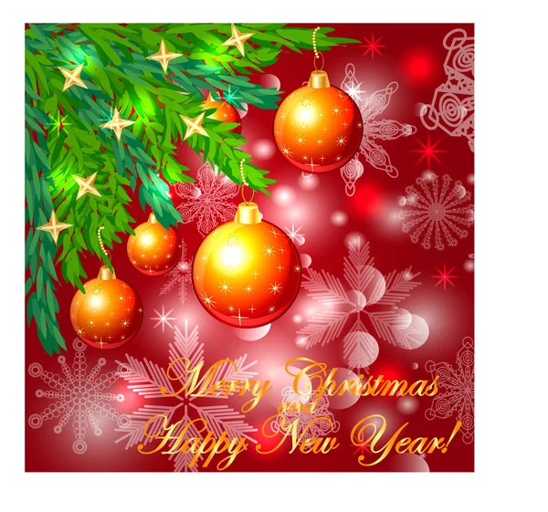 雪の結晶、針葉樹の枝の正方形、赤クリスマス背景赤のボール、星飾られています。メリー クリスマスと幸せな新年の碑文 — ストックベクタ