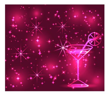 Parlayan yıldız ve ışıklar, disko, club, neon pembe bir zemin üzerine bir kokteylle gözlük altın anahat