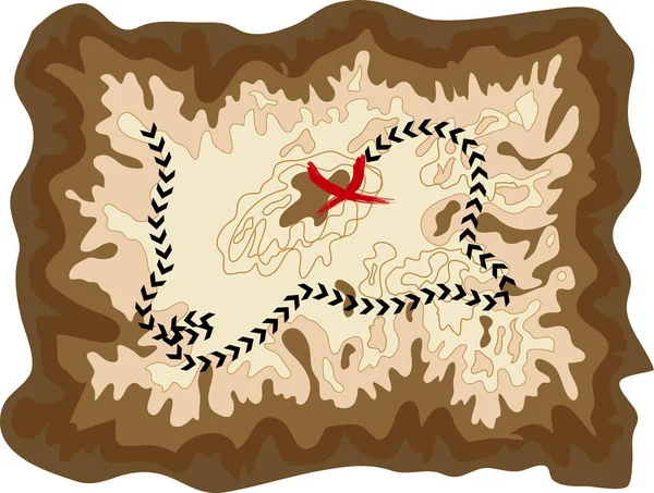 Una vecchia mappa pirata su una pergamena gialla con un percorso segnato e un segno rosso, messaggi criptati — Vettoriale Stock