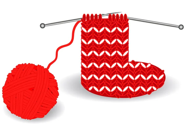 Calzino di Natale rosso e bianco sui ferri da maglia e un groviglio di fili rossi vicino alle feste — Vettoriale Stock