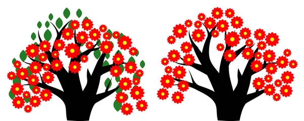 Δύο δέντρα με τα κόκκινα-κίτρινα λουλούδια, φύλλα — Διανυσματικό Αρχείο