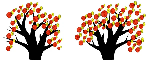 Due alberi con elementi decorativi rosso-gialli, frutti — Vettoriale Stock