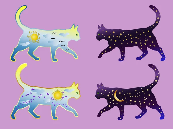 Sada čtyř koček, kočičí dvoudenní a dvě kočky noc. Silueta kočky malované s denní obloha, mraky, slunce, ptáky a kočka silueta s noční obloha s hvězdami, měsíc — Stockový vektor