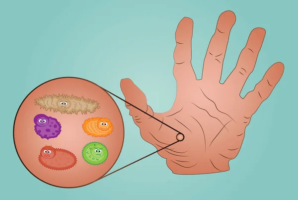 Imagen de la mano sucia y los gérmenes en la magnificación — Vector de stock