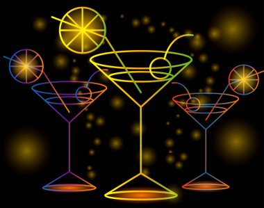 Kokteyl yıldız ve ışıklar, disko, club, neon siyah bir zemin üzerine üç parlak bardak kızdırma