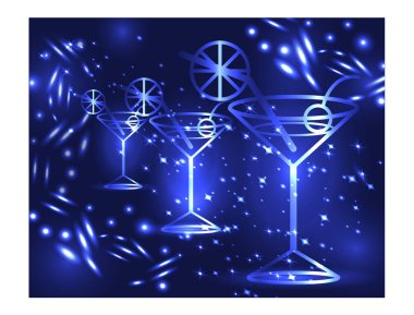 Üç yıldız ve ışıklar, disko, club, neon ile mavi bir arka plan üzerinde kokteyl bardak kızdırma