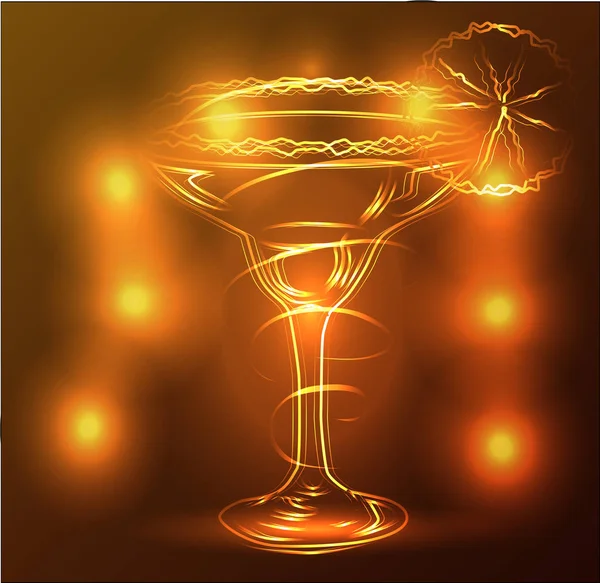 Gullkonturene av et glass med cocktail på brun bakgrunn, disko, klubb, neonglød – stockvektor