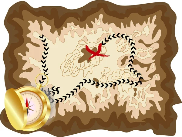 Eine alte Piratenkarte auf gelbem Pergament mit markierter Route und roter Markierung mit goldenem Kompass darauf, verschlüsselte Nachrichten — Stockvektor