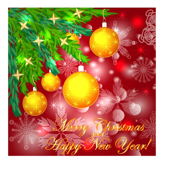 雪の結晶、針葉樹の枝、正方形の青いクリスマス背景黄色のボール、星飾られています。碑文メリー クリスマスと幸せな新年 — ストックベクタ
