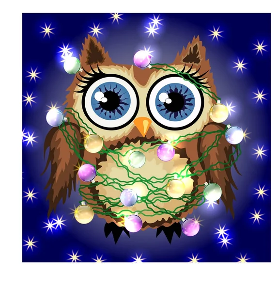 Chouette douce empêtrée dans la guirlande éclatante du Nouvel An, décoration pour le sapin de Noël — Image vectorielle