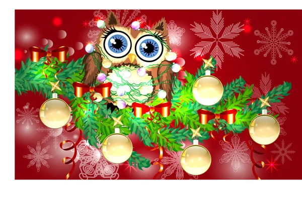スプルースの枝で光る電球のガーランドに絡まって素敵な漫画フクロウは、ボール、花輪で飾られました。クリスマス カード — ストックベクタ