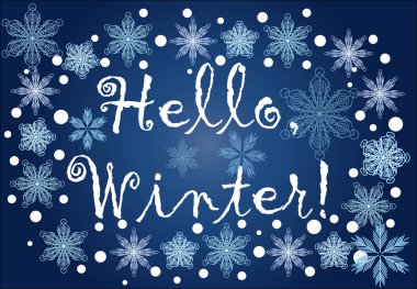 Yazıt Merhaba, kış mavi bir arka plan üzerinde kar taneleri bir çerçeve içinde blizzard