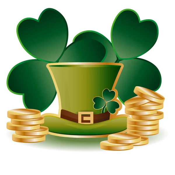Cartão de São Patrício com duas folhas verdes, um chapéu verde e pilhas de moedas de ouro —  Vetores de Stock