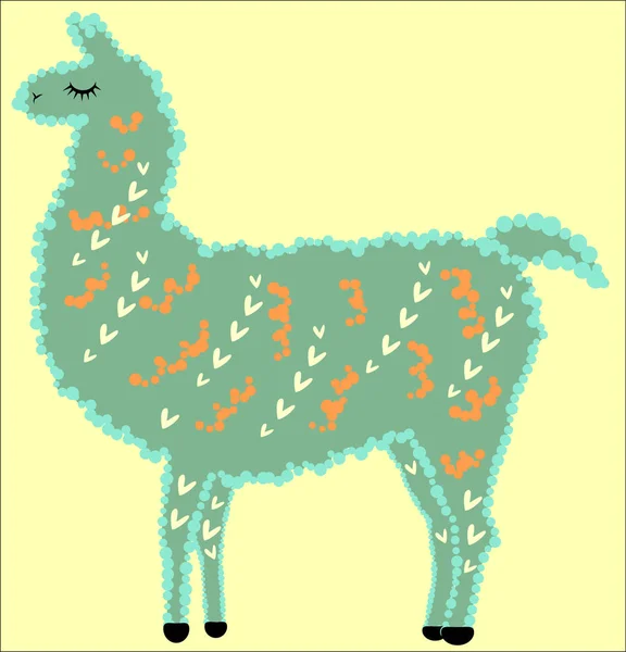 Designer Lama, alpaca mare-acqua, con pelliccia, cuori e occhi chiusi — Vettoriale Stock