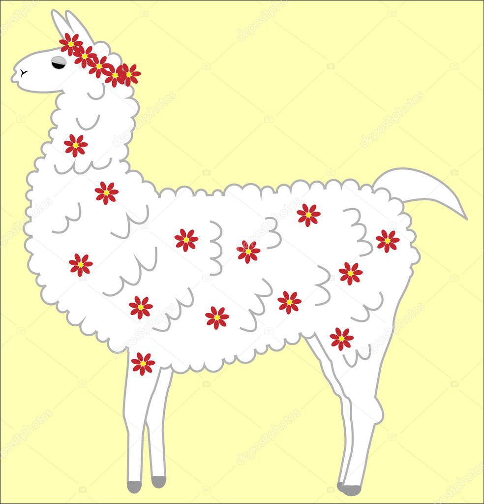 lovely Designer Lama, alpaca of white color, with fur, flower wreath and with closed eyes