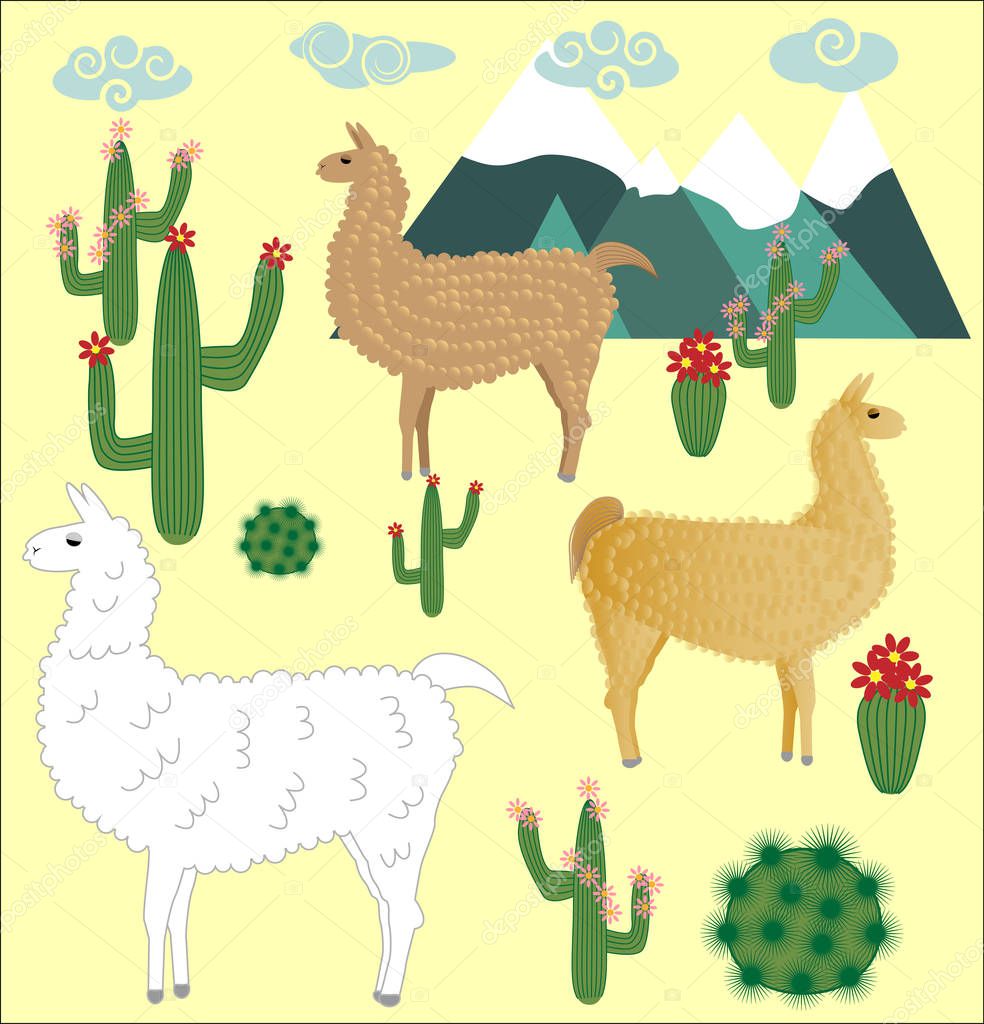 Three llama, alpaca of white and brown color, with bright saddles on the background of mountains, cacti, clouds