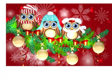 Şapkalar, eşarplar, kulaklık Ladin dal içinde üç baykuşlar topları, çelenk ile dekore edilmiştir. Noel kartı