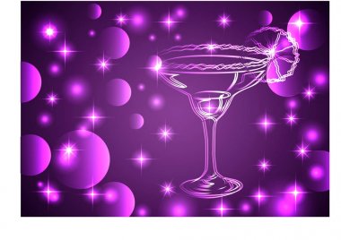 Parlayan yıldız ve ışıklar, disko, club, neon pembe bir zemin üzerine bir kokteylle gözlük altın anahat