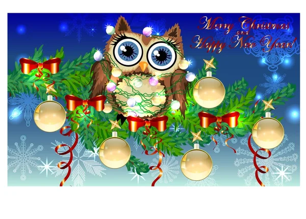 Coruja de desenho animado encantador emaranhado em uma grinalda de lâmpadas brilhantes em um ramo de abeto decorado com bolas, guirlandas. Cartão de Natal — Vetor de Stock