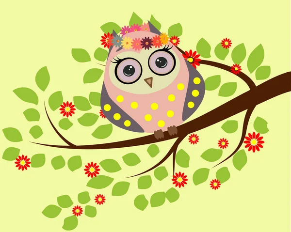 Ljusa gullig tecknad owl sitter på de fantastiska blommande grenarna — Stock vektor