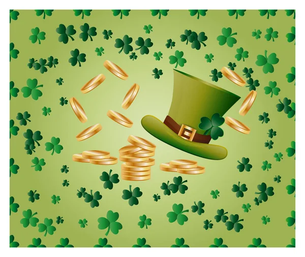 Вітальна листівка Святого Патріка з ігристе зеленого листя конюшини, золоті монети, зеленому капелюсі — стоковий вектор