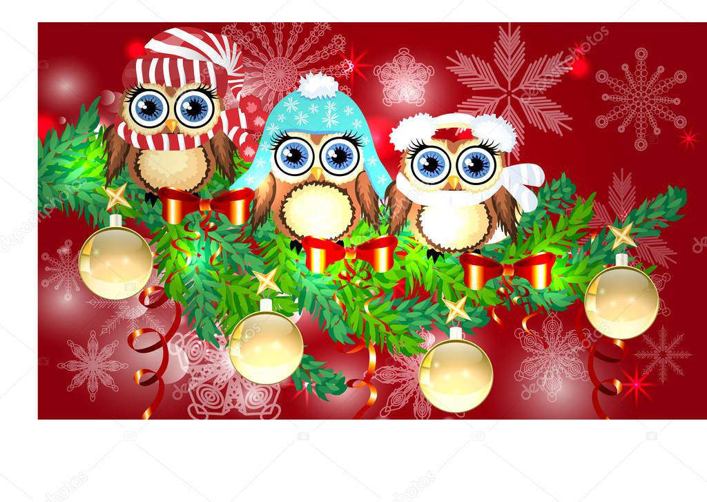 Three owls in caps, scarves, headphones on a spruce branch decorated with balls, garlands. Christmas card