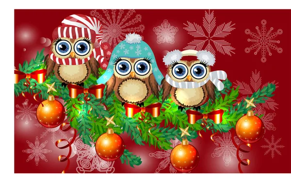Три сови в шапках, шарфах, навушники на гілці ялини, прикрашені кульками, гірляндами. Різдвяна листівка — стоковий вектор