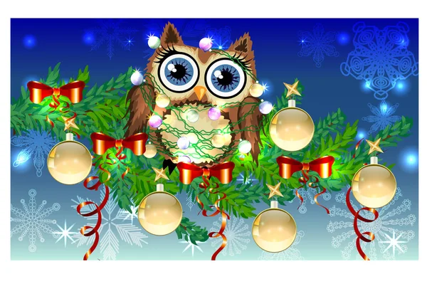Coruja de desenho animado encantador emaranhado em uma grinalda de lâmpadas brilhantes em um ramo de abeto decorado com bolas, guirlandas. Cartão de Natal —  Vetores de Stock
