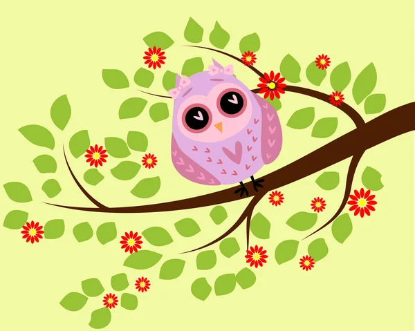 Ljusa gullig tecknad owl sitter på de fantastiska blommande grenarna — Stock vektor