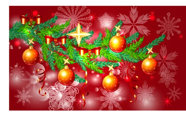 赤のクリスマス背景雪、針葉樹の枝にボール、星、リボン飾られています。メリー クリスマスと幸せな新年の碑文 — ストックベクタ