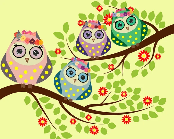 明亮可爱的卡通猫头鹰坐在奇异树木的开花枝头上 — 图库矢量图片